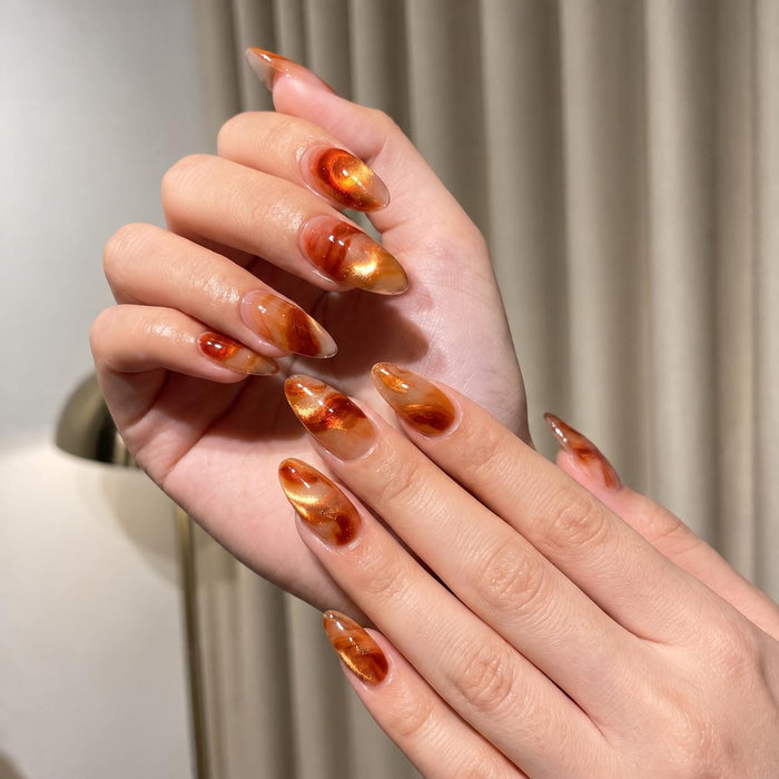 Amber Orange Marble Cat Eye Thanksgiving Press On Nail Set
