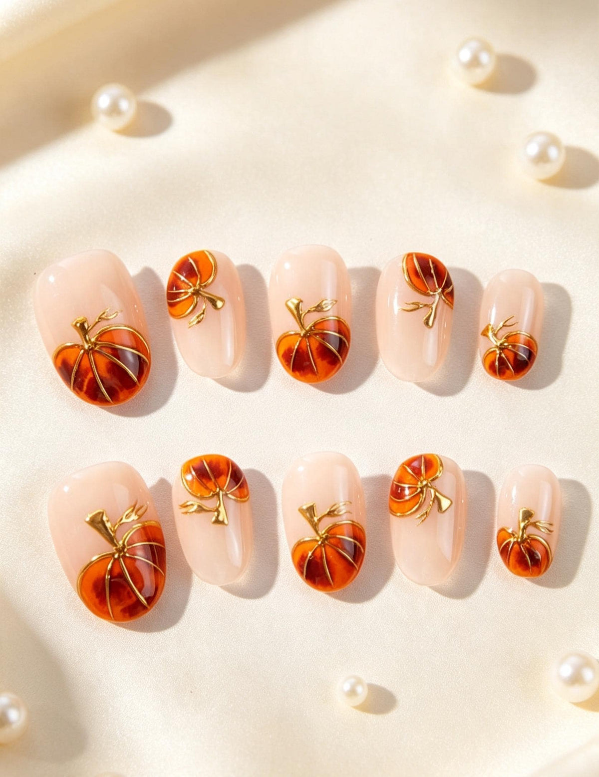 Amber Pumpkin Press On Nails With Gold Metallic Details