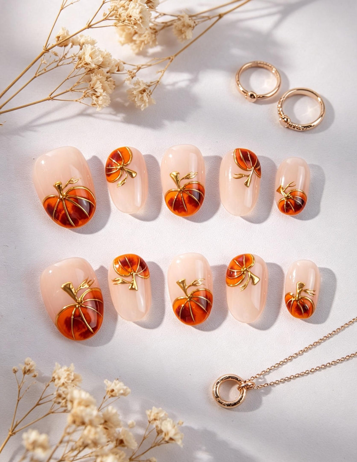 Amber Pumpkin Press On Nails With Gold Metallic Details