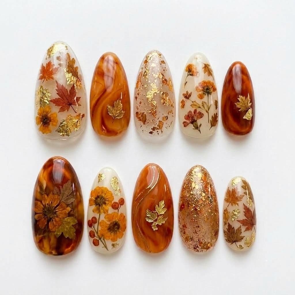 Amber Tortoiseshell and Ivory Autumn Leaf Floral Press On Nails with Gold Foil