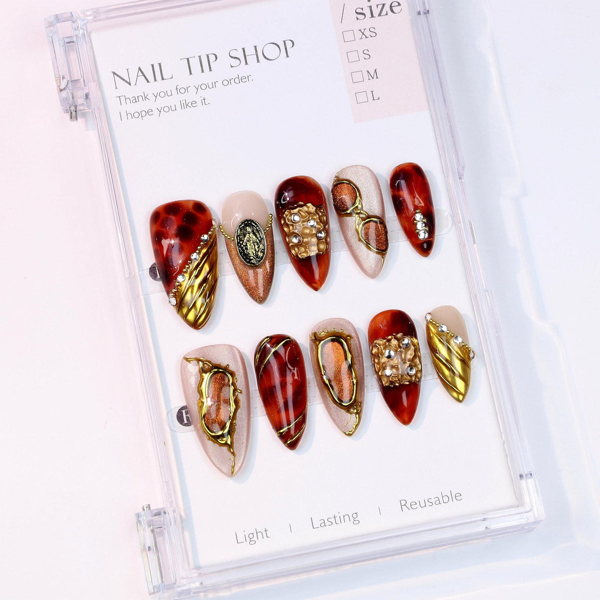 Amber Tortoiseshell Press On Nails With Gold Frames and Rhinestones