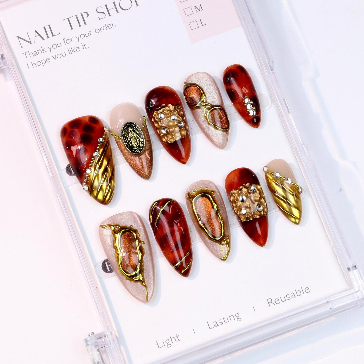 Amber Tortoiseshell Press On Nails With Gold Frames and Rhinestones