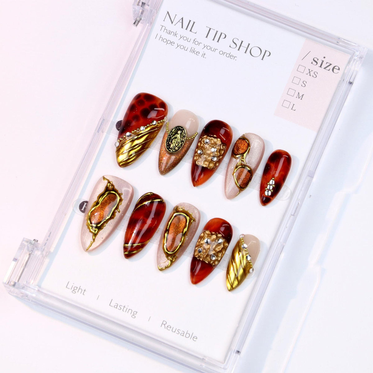 Amber Tortoiseshell Press On Nails With Gold Frames and Rhinestones