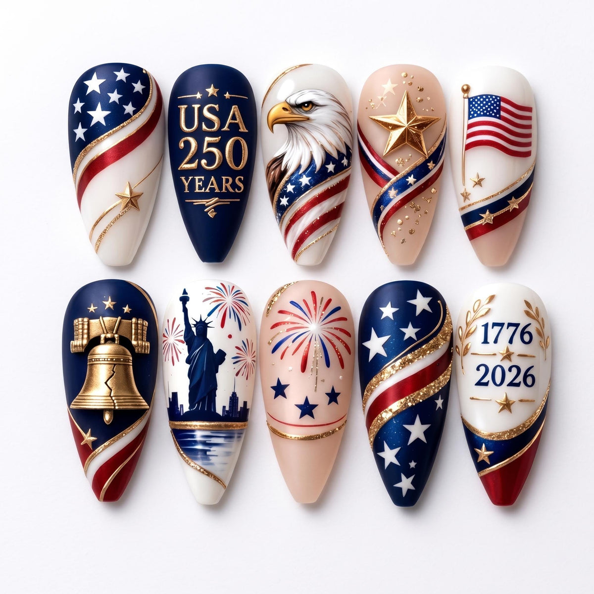 American 250th Anniversary Press On Nails With Stars, Stripes and Gold Details