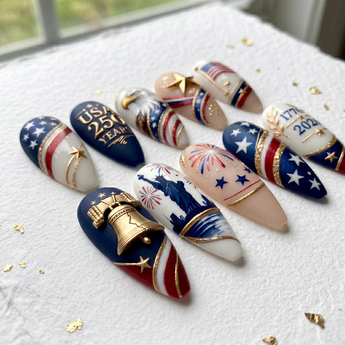 American 250th Anniversary Press On Nails With Stars, Stripes and Gold Details