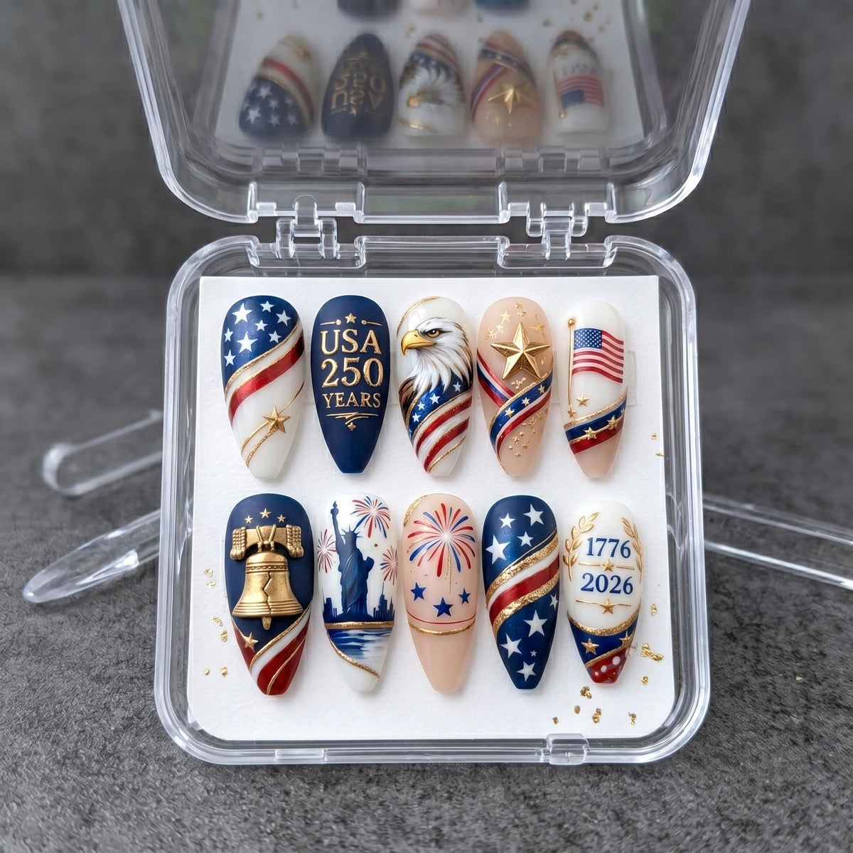 American 250th Anniversary Press On Nails With Stars, Stripes and Gold Details