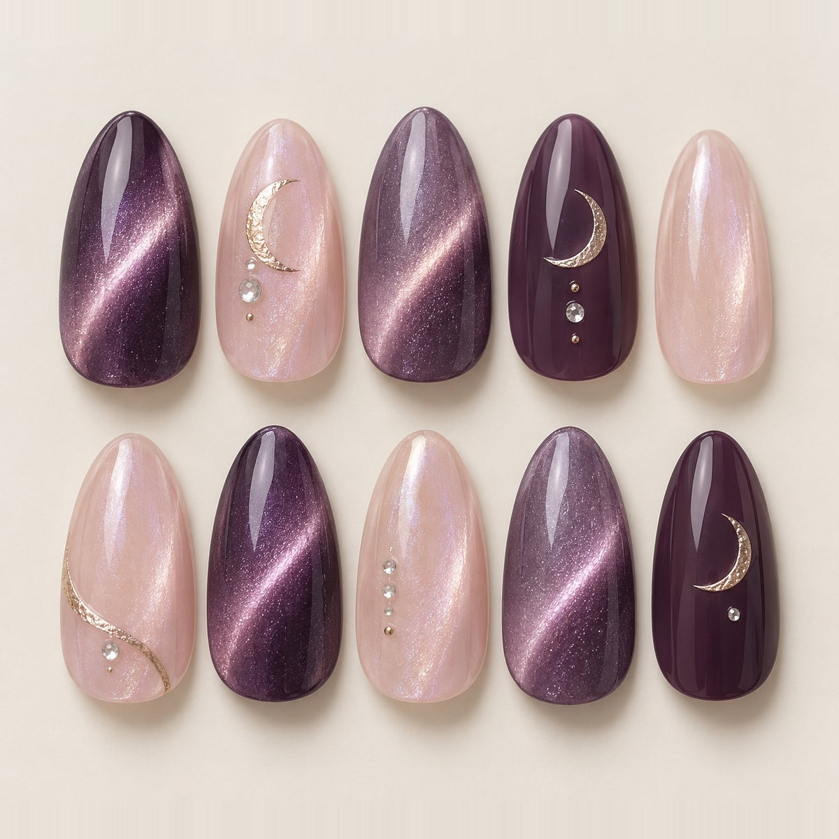 Amethyst Moon Celestial Nails With Gold Crescents and Crystal Accents