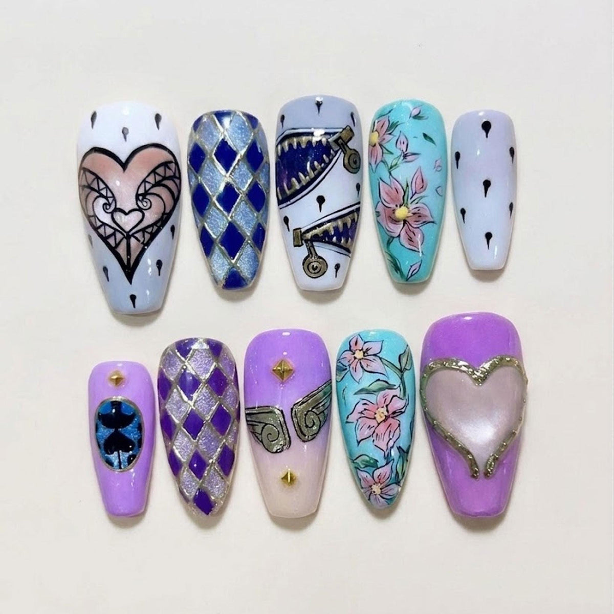 Anime-Inspired Lavender and Turquoise Ornamental Press On Nails With Argyle and Floral Details