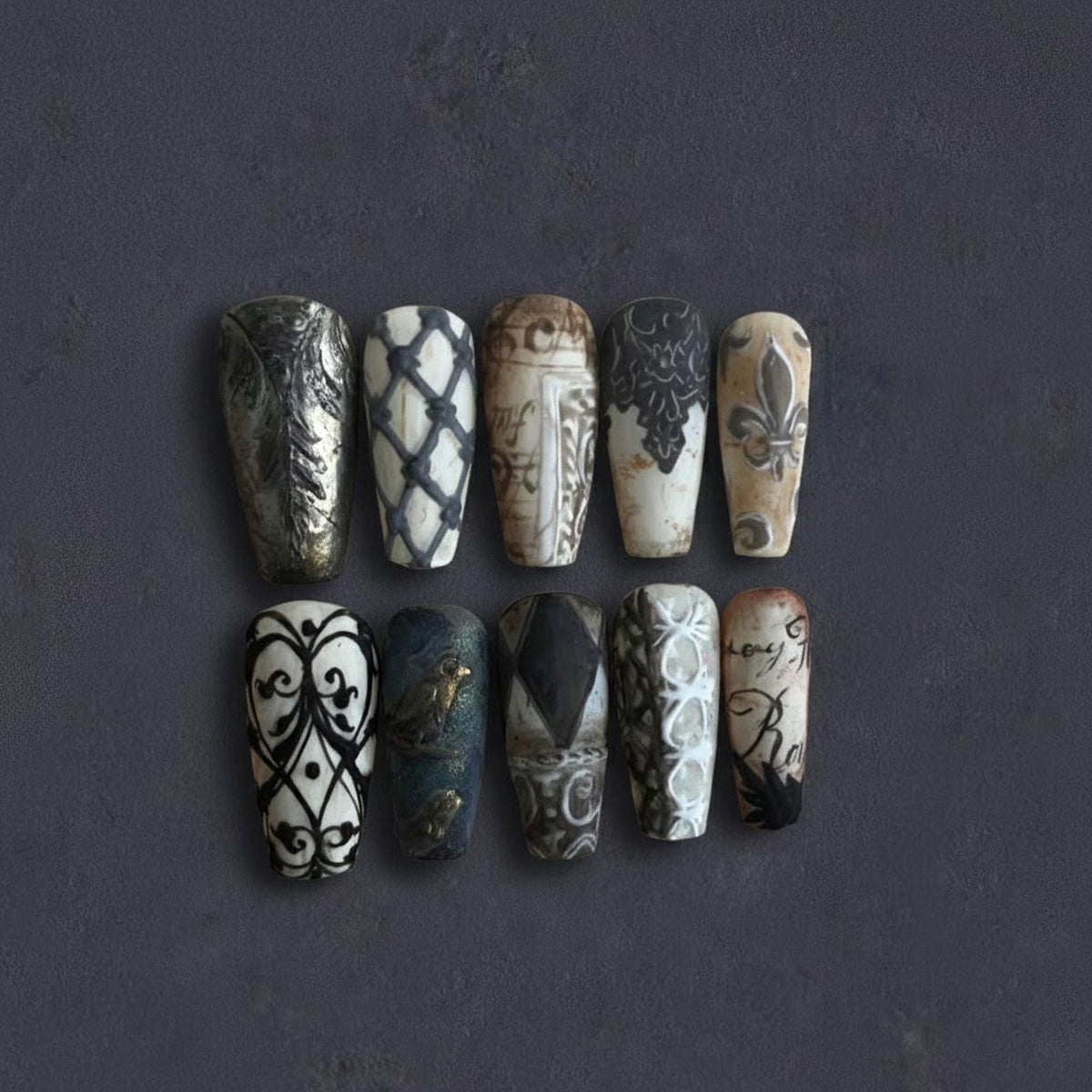 Antique Baroque Press-On Nails in Cream, Charcoal, and Aged Bronze
