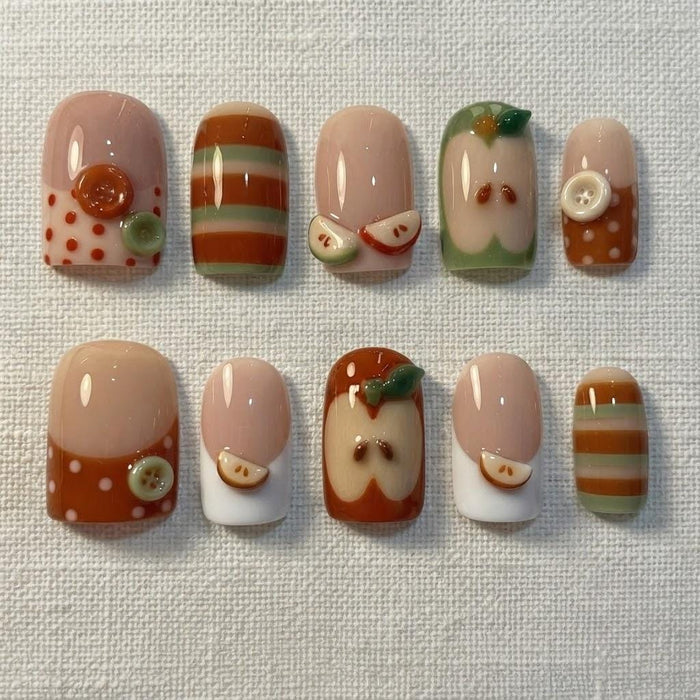 Apple and Fruit Slice Press On Nail Set with Polka Dots, Button Details, and Fall Colors