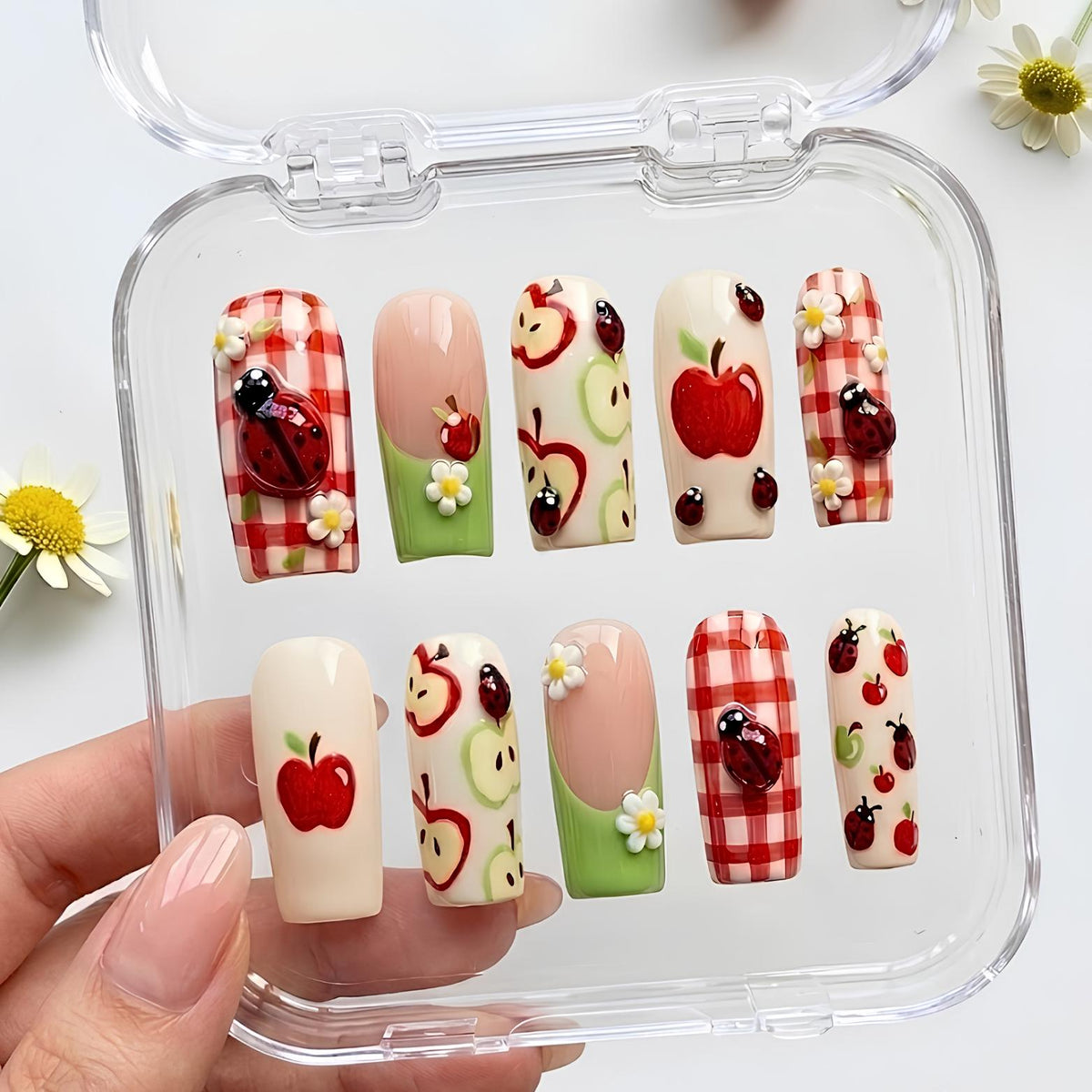 Apple and Ladybug Gingham Press On Nails with Daisies