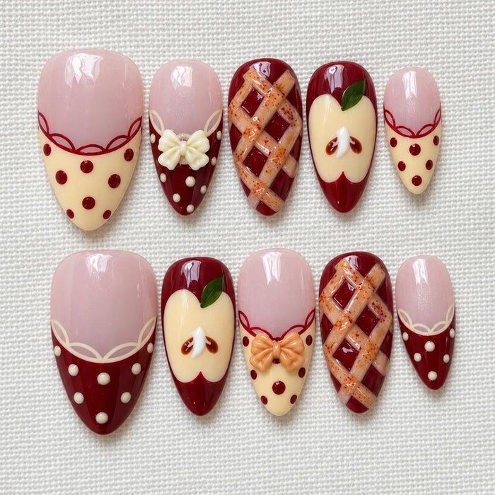 Apple Pie Fall Press On Nails with Lattice, Polka Dot French Tips and 3D Bows for Thanksgiving