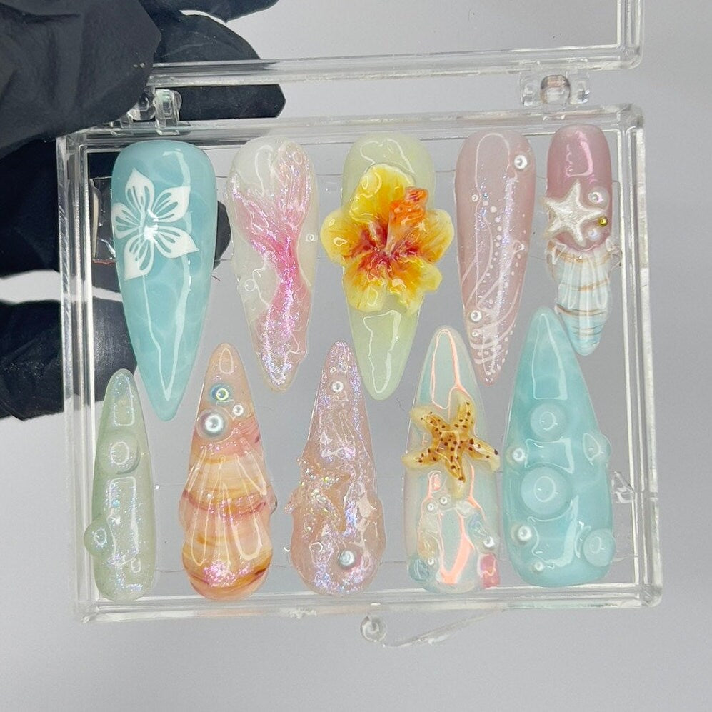 Aqua and Pastel Sea Fairy Press-On Nails with 3D Flower, Starfish and Shell Details