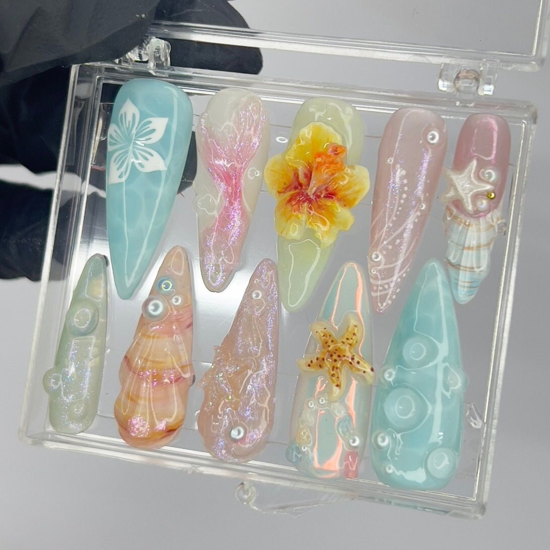 Aqua and Pastel Sea Fairy Press-On Nails with 3D Flower, Starfish and Shell Details