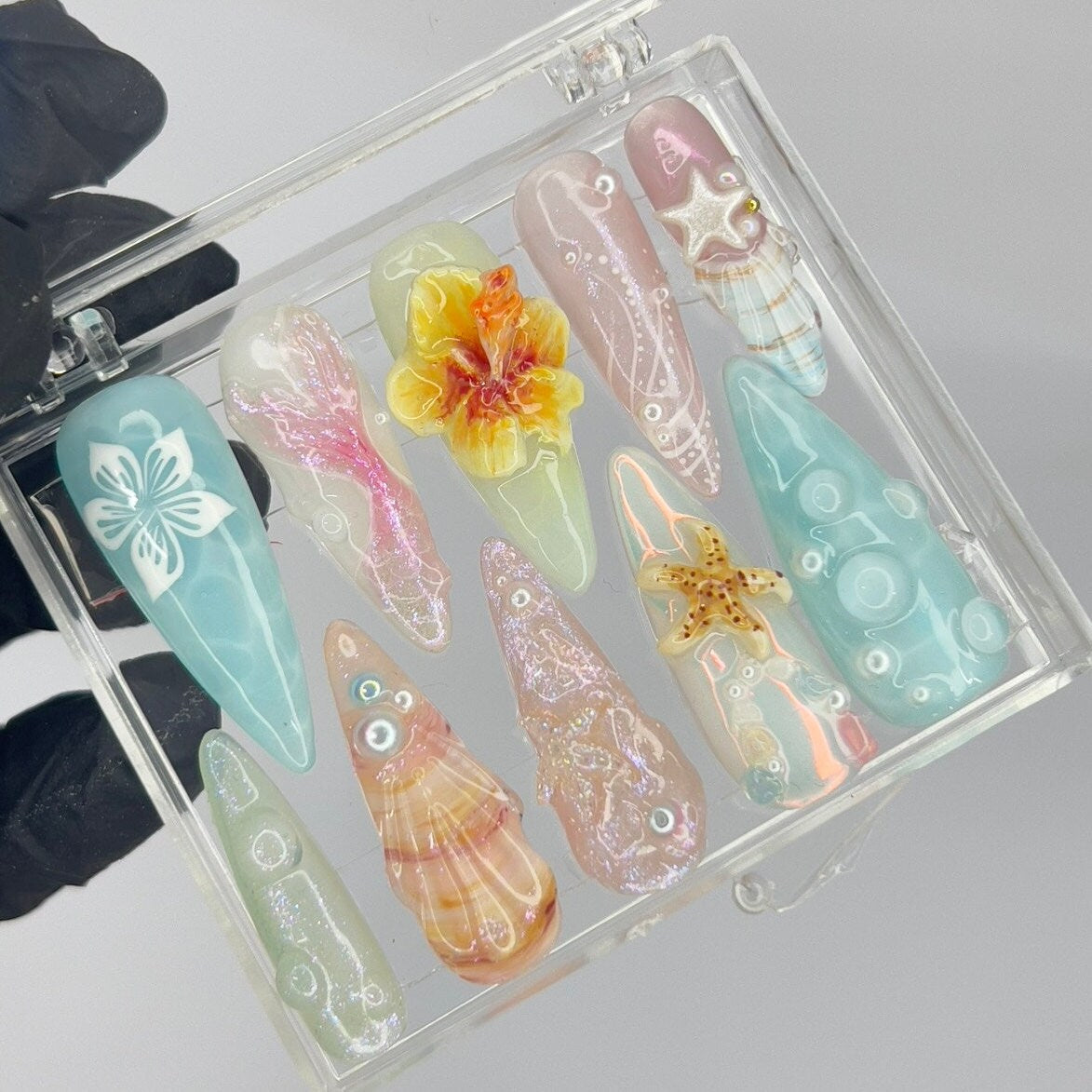 Aqua and Pastel Sea Fairy Press-On Nails with 3D Flower, Starfish and Shell Details