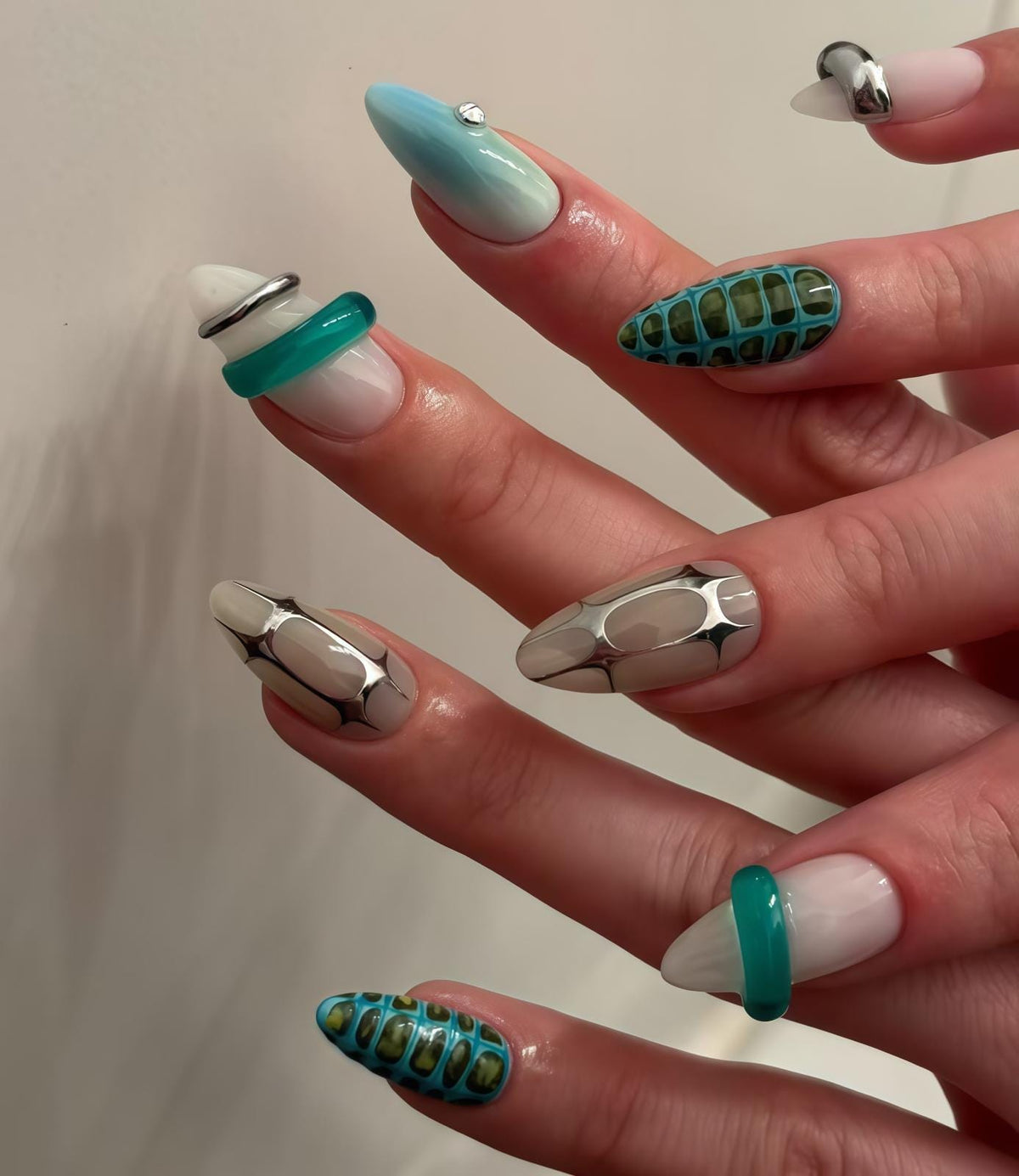 Aqua and Silver Chrome Abstract Press On Nails