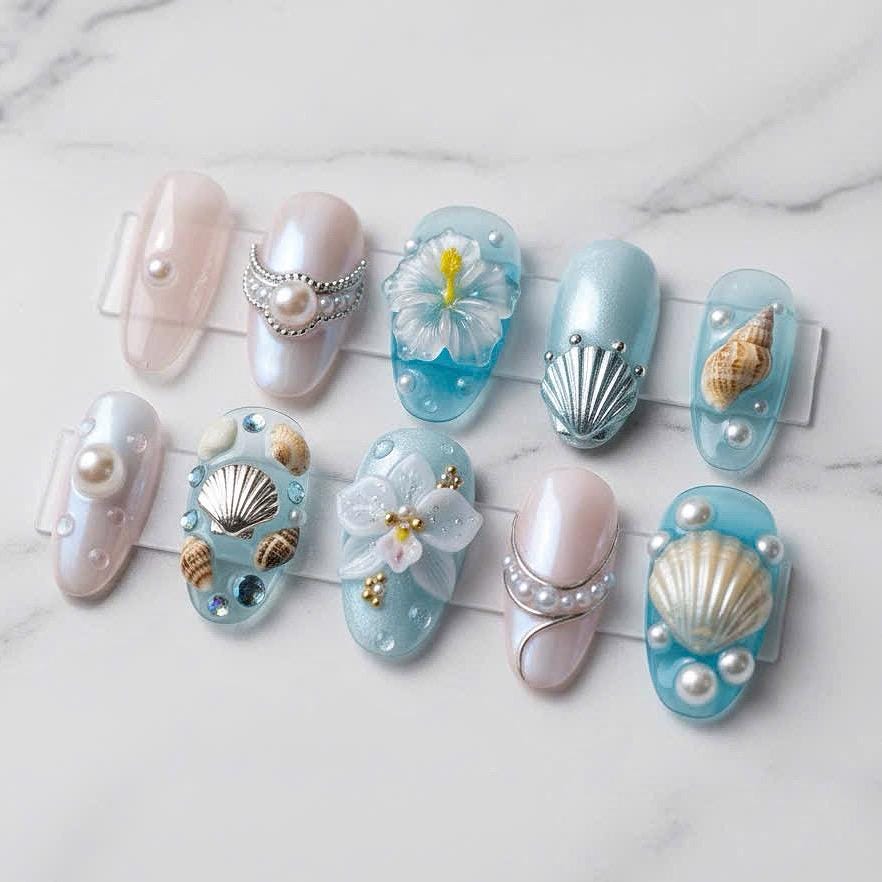 Aqua Blue and Blush Pearl Mermaid Beach Seashell & Hibiscus Press On Nails