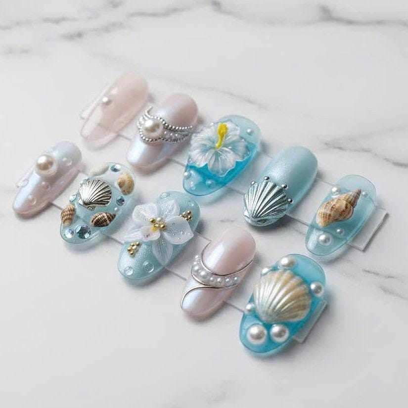 Aqua Blue and Blush Pearl Mermaid Beach Seashell & Hibiscus Press On Nails