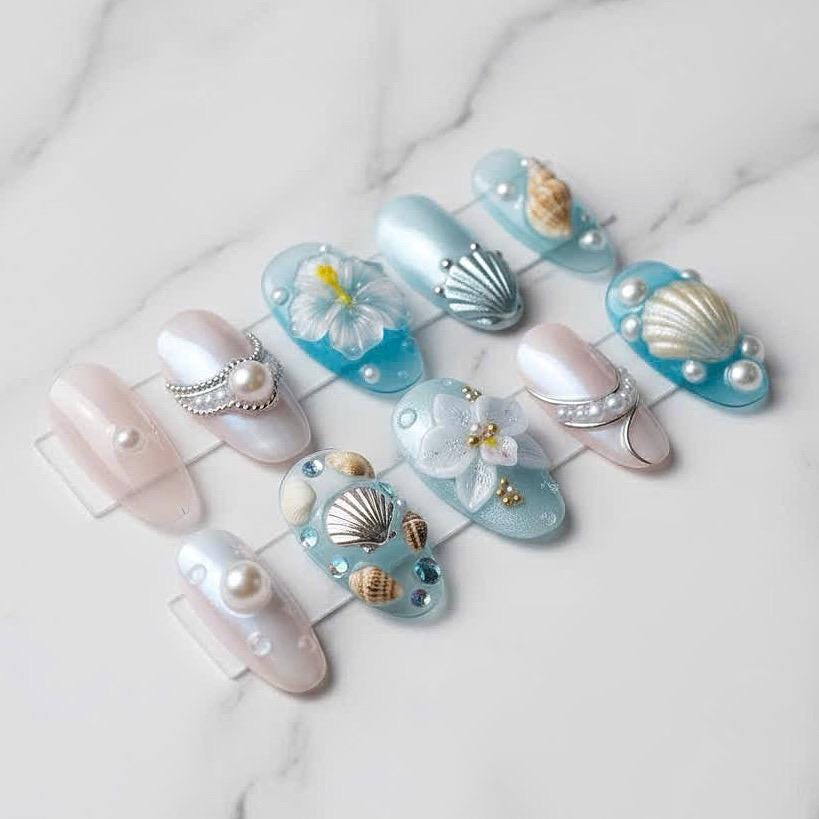 Aqua Blue and Blush Pearl Mermaid Beach Seashell & Hibiscus Press On Nails