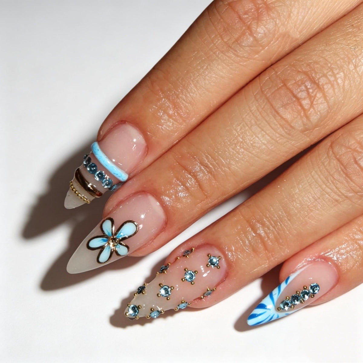 Aqua Blue Floral Rhinestone Nails With Gold Trim