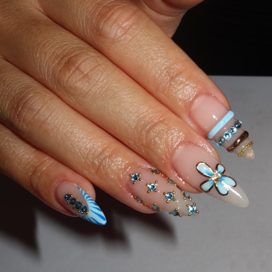 Aqua Blue Floral Rhinestone Nails With Gold Trim