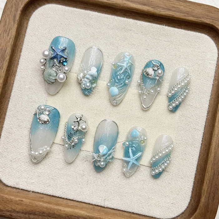 Aqua Blue Ocean Press On Nail Set With Sculpted Shells, Starfish, Pearls and Rhinestones