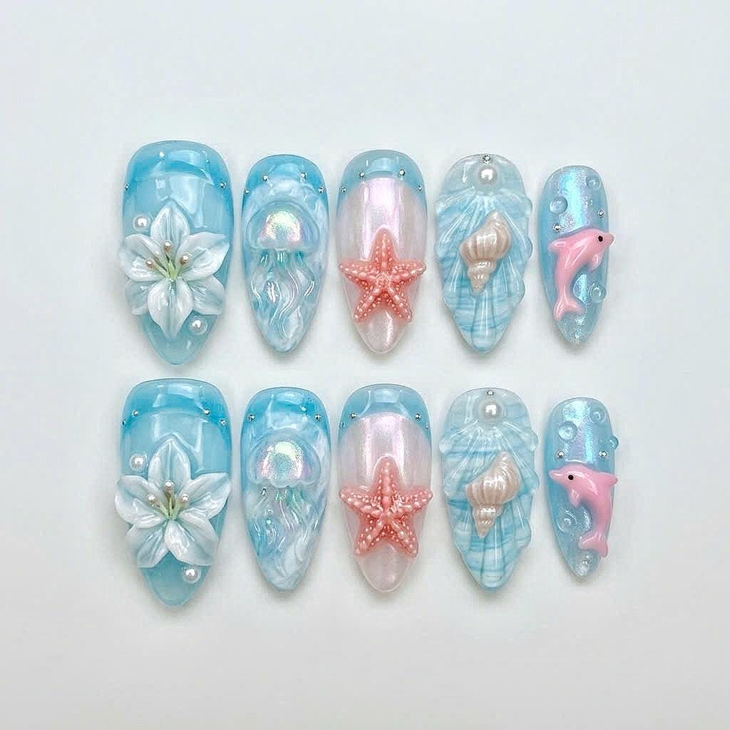 Aqua Ocean Press On Nails With 3D Dolphins, Starfish, Shells, and Flowers