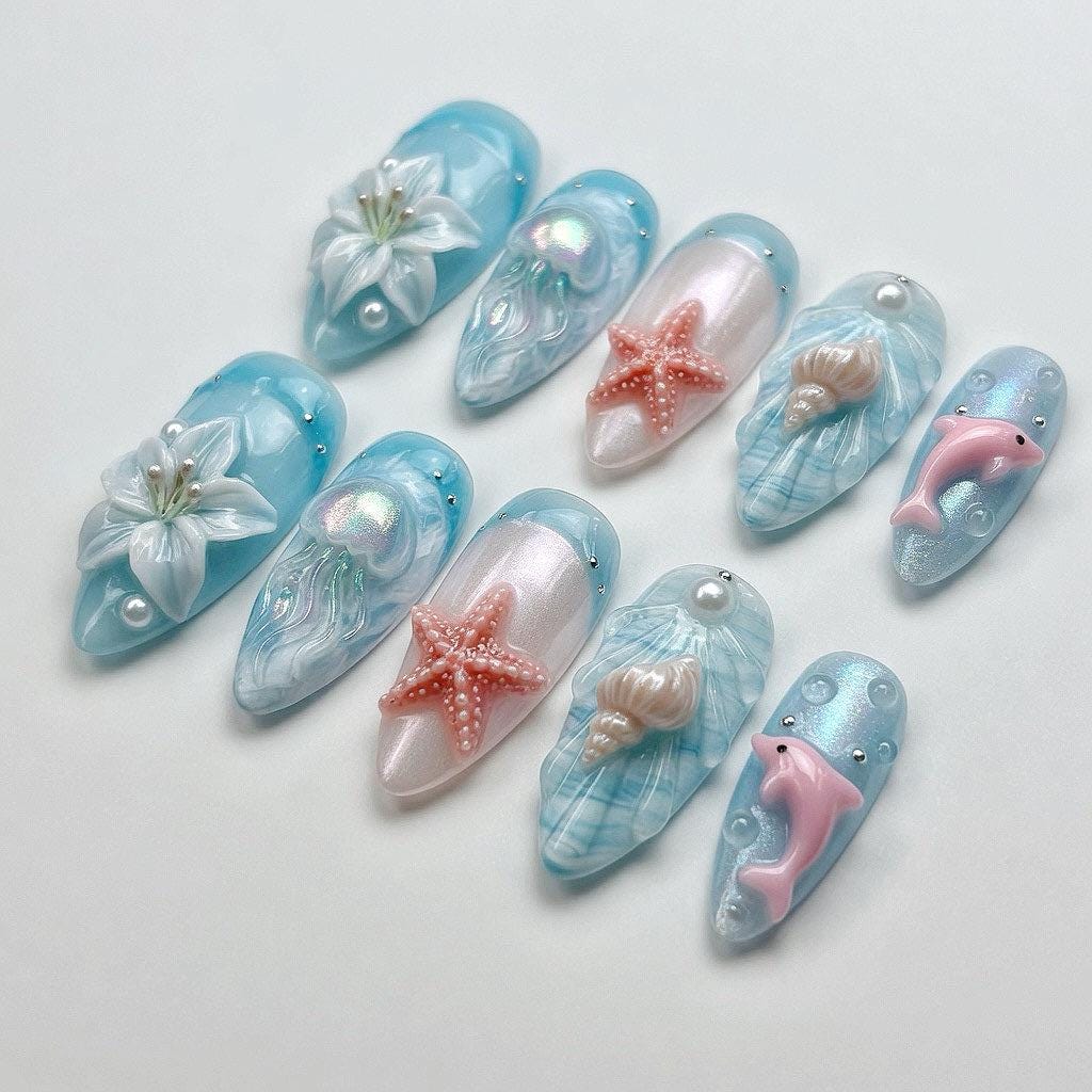 Aqua Ocean Press On Nails With 3D Dolphins, Starfish, Shells, and Flowers