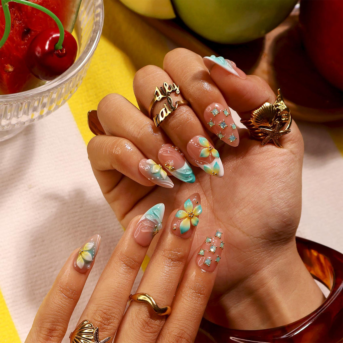 Aqua Seafoam Floral Summer Press-On Nails With Gold Accents and Crystal Details