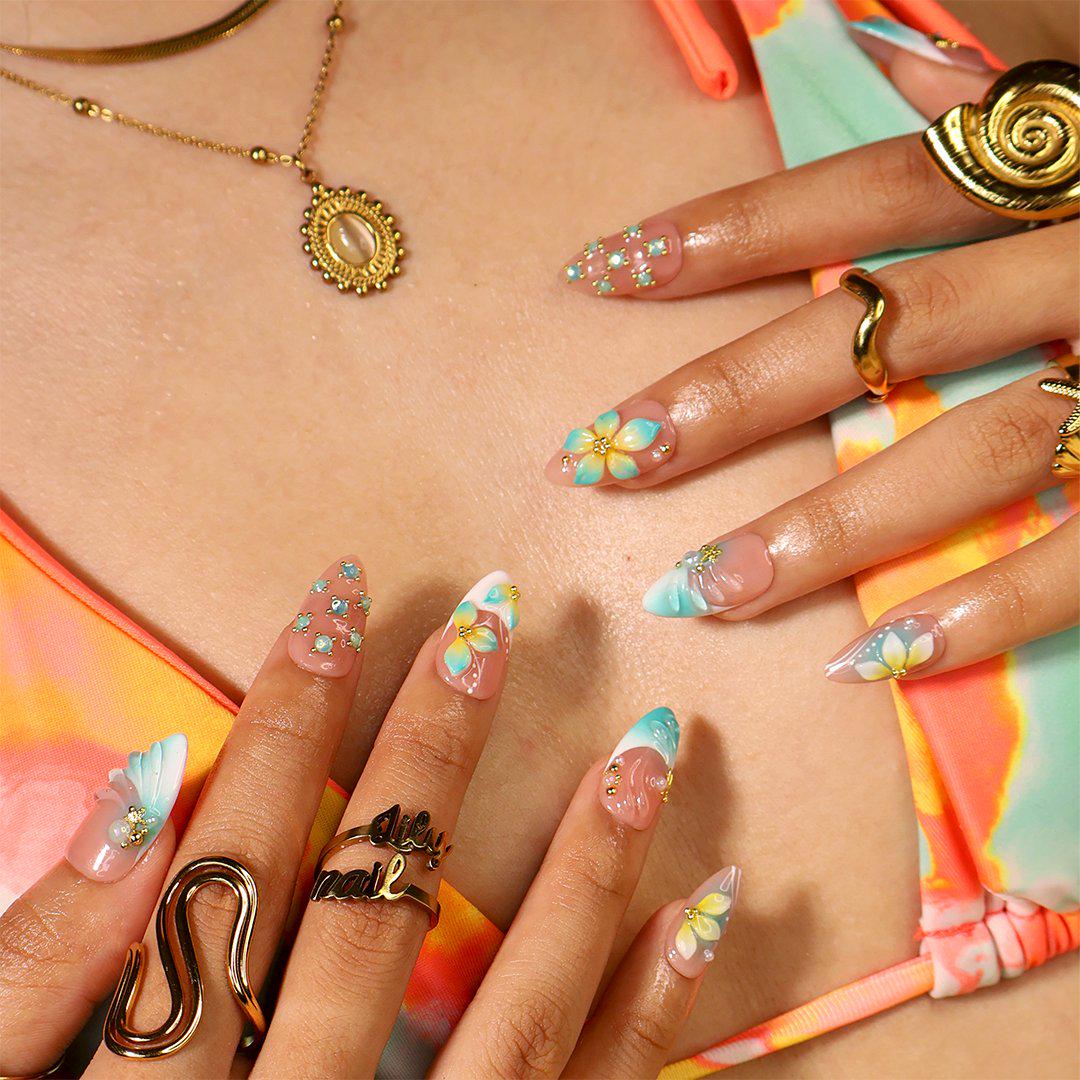 Aqua Seafoam Floral Summer Press-On Nails With Gold Accents and Crystal Details