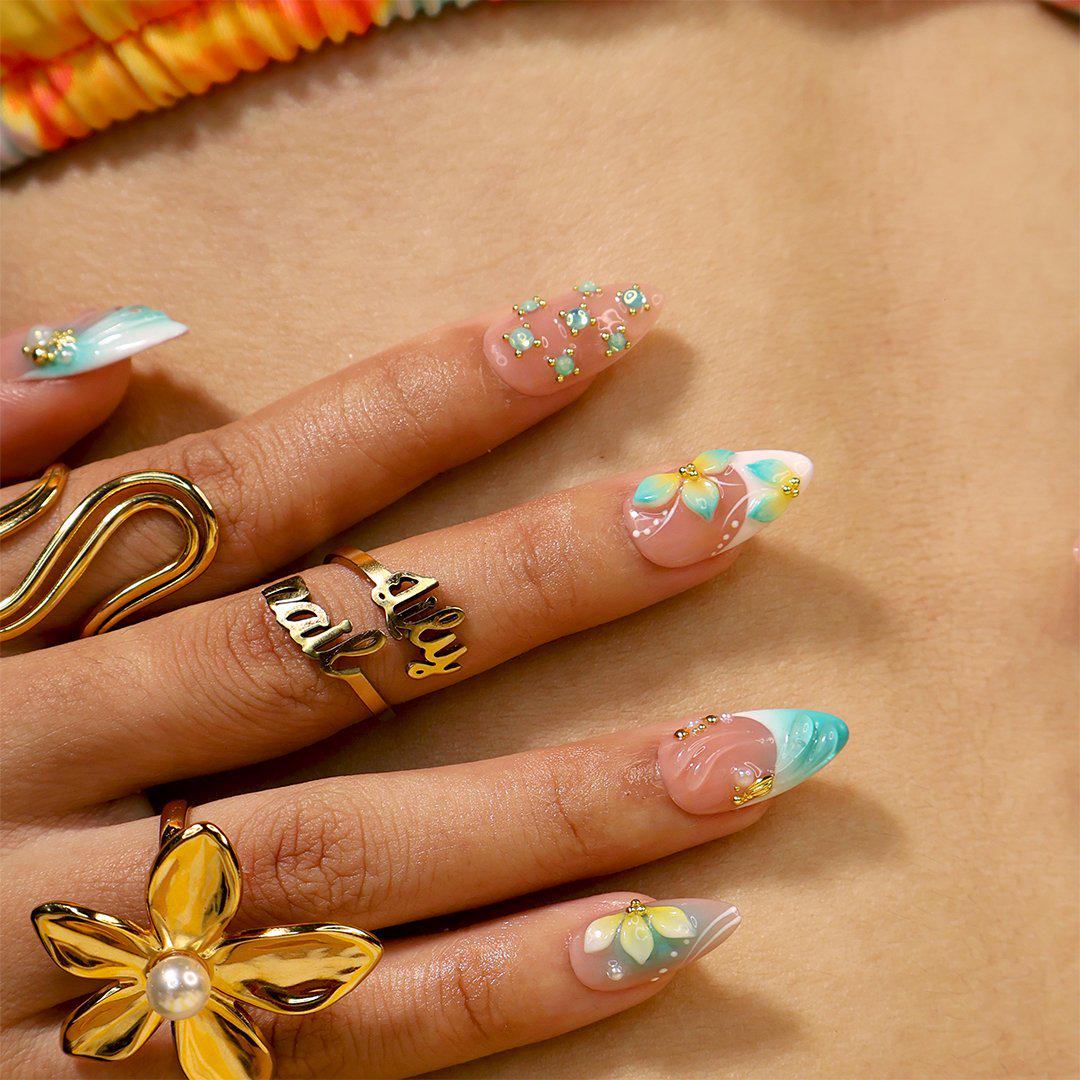 Aqua Seafoam Floral Summer Press-On Nails With Gold Accents and Crystal Details