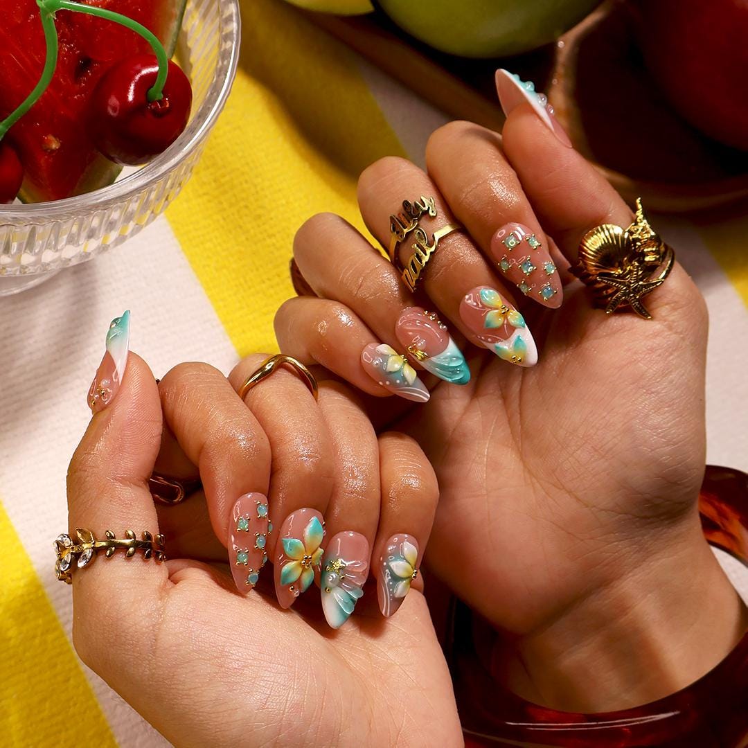 Aqua Seafoam Floral Summer Press-On Nails With Gold Accents and Crystal Details