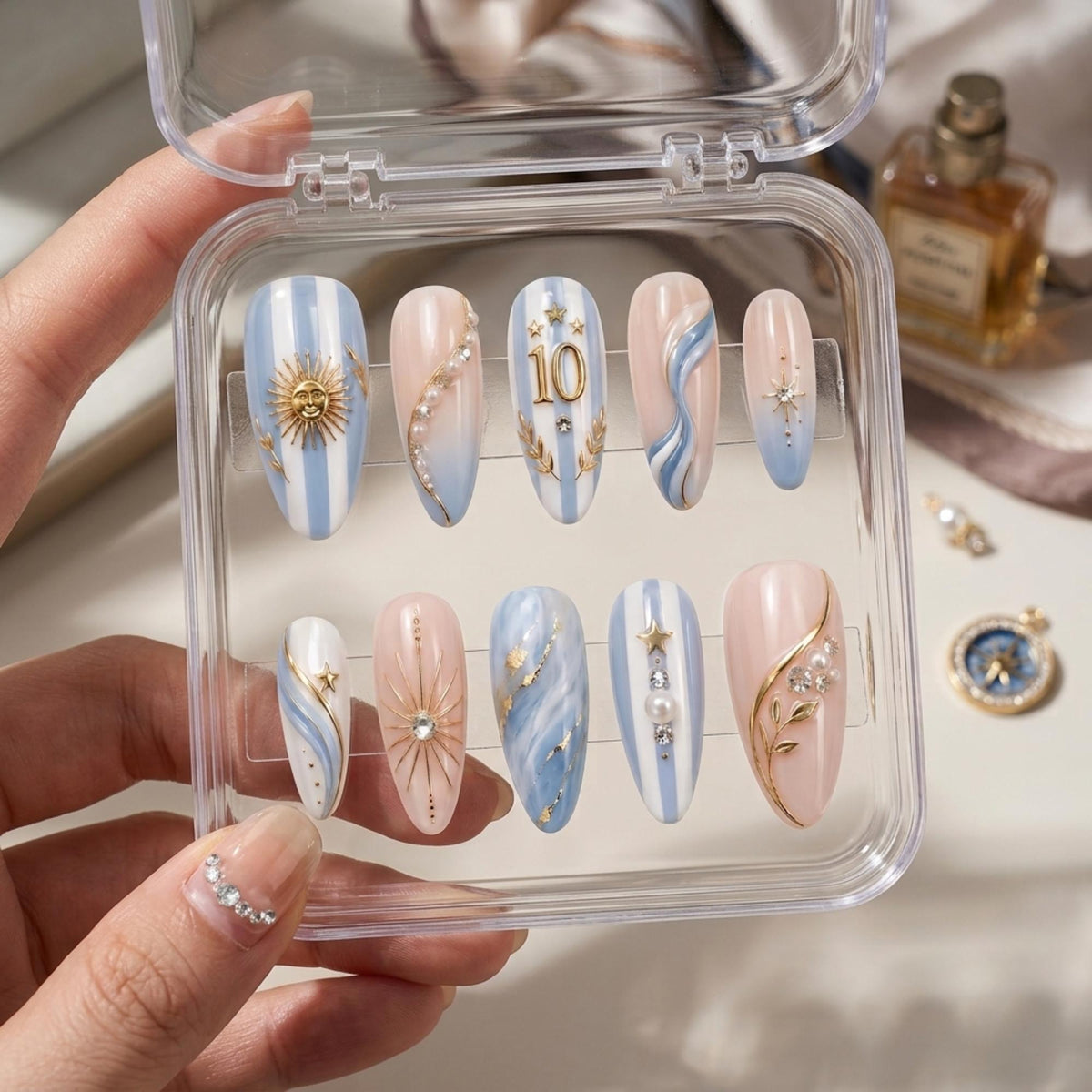 Argentina Blue and White Striped Nails with Gold Sun, Number 10, Pearls and Rhinestones