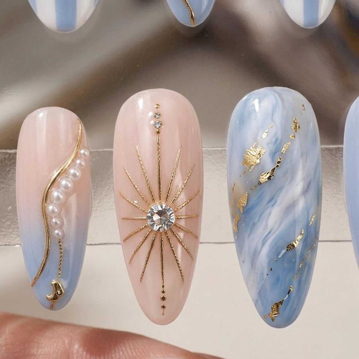 Argentina Blue and White Striped Nails with Gold Sun, Number 10, Pearls and Rhinestones
