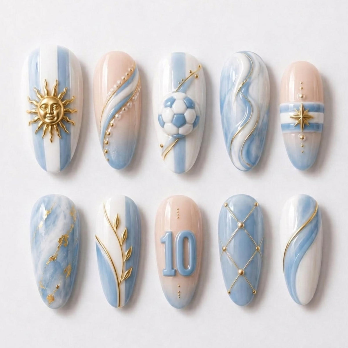 Argentina Football Press-On Nails With Gold Sun, Soccer Ball and Raised Blue 10