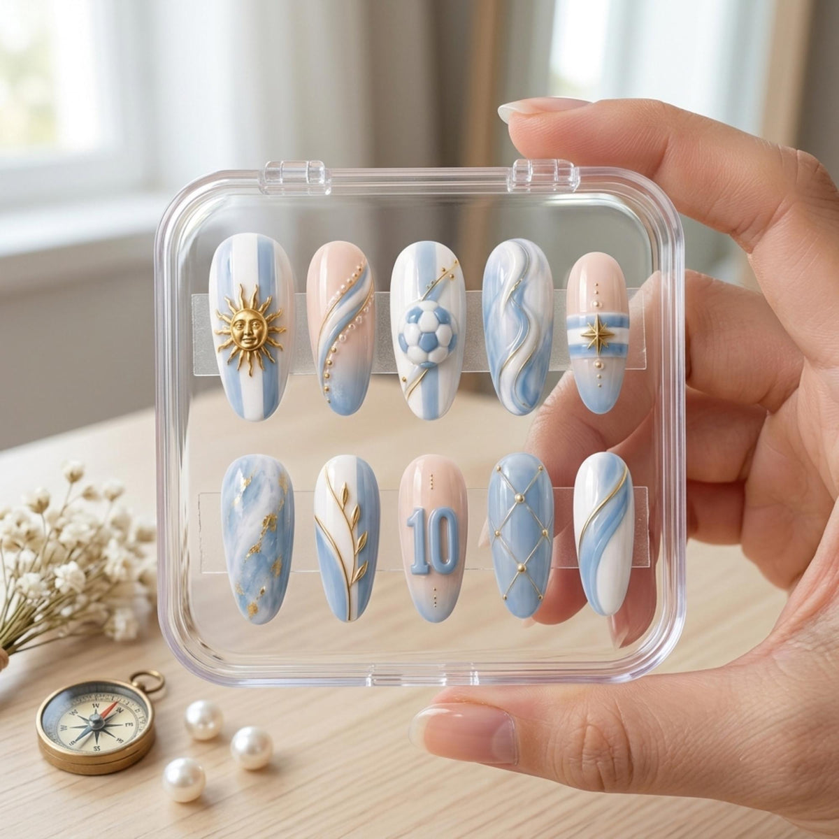 Argentina Football Press-On Nails With Gold Sun, Soccer Ball and Raised Blue 10