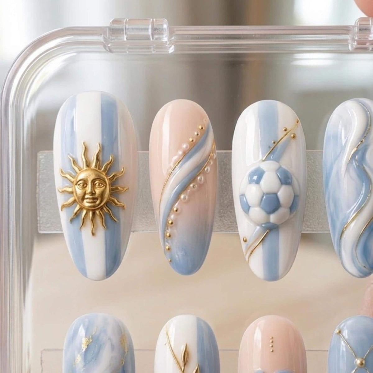 Argentina Football Press-On Nails With Gold Sun, Soccer Ball and Raised Blue 10