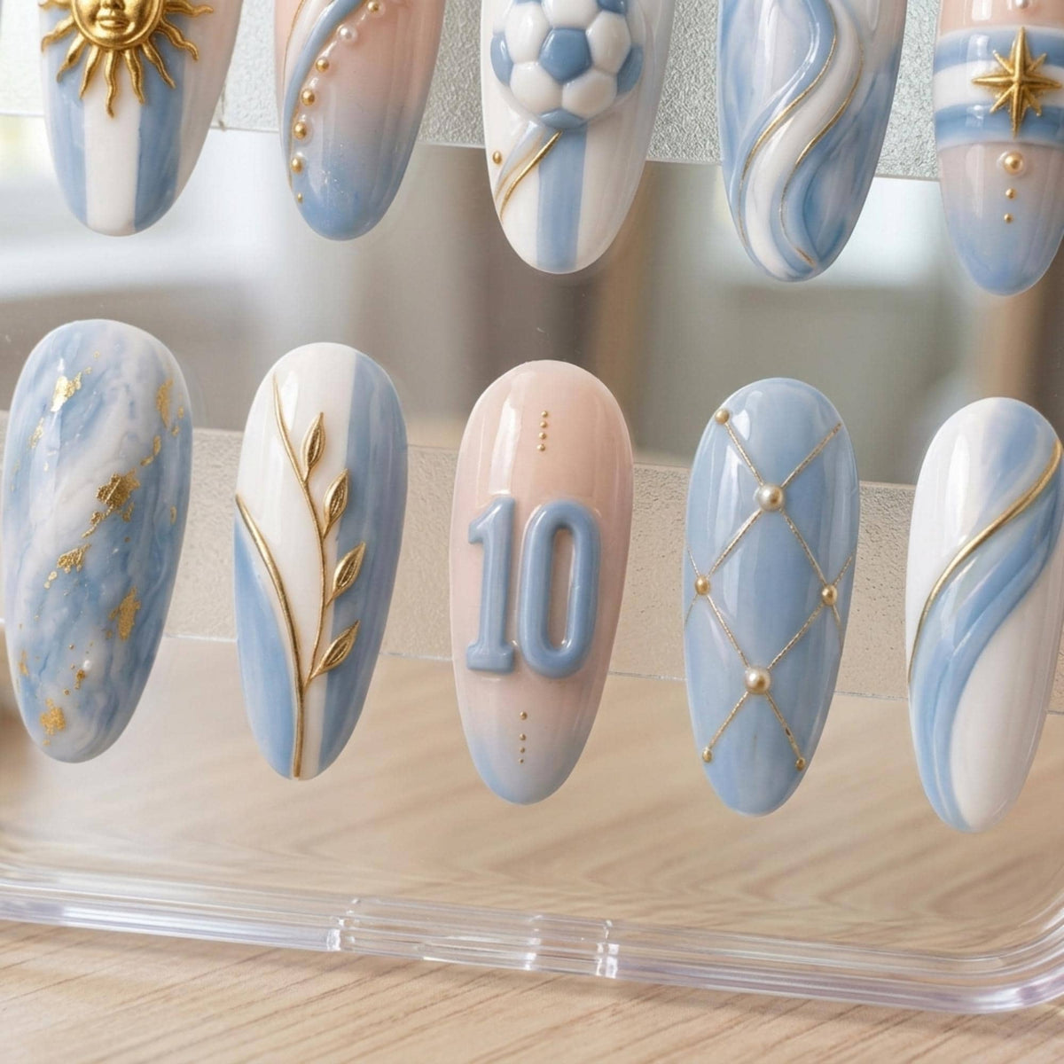 Argentina Football Press-On Nails With Gold Sun, Soccer Ball and Raised Blue 10