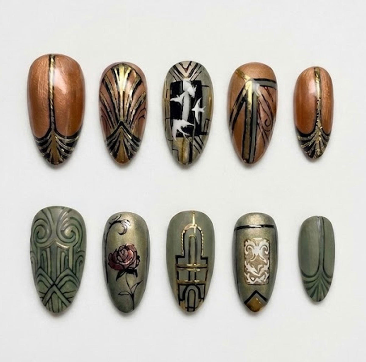 Art Deco Copper and Olive Press On Nails With Geometric Lines, Birds, and Rose