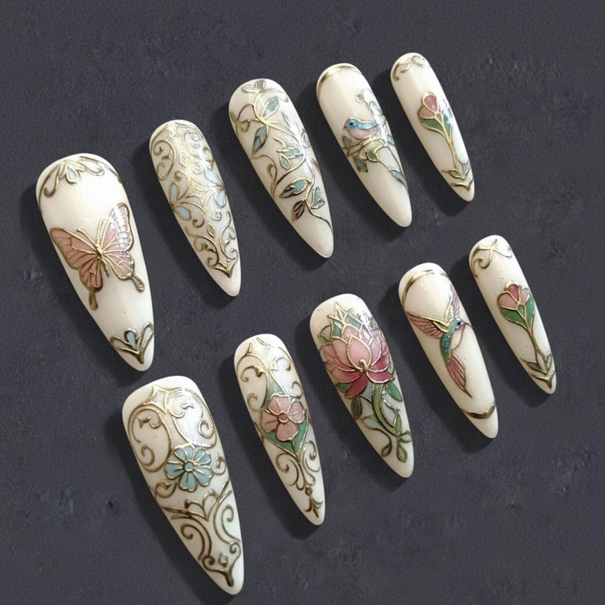 Art Nouveau Ivory Nails with Gold Scrollwork, Florals, Birds and Butterflies