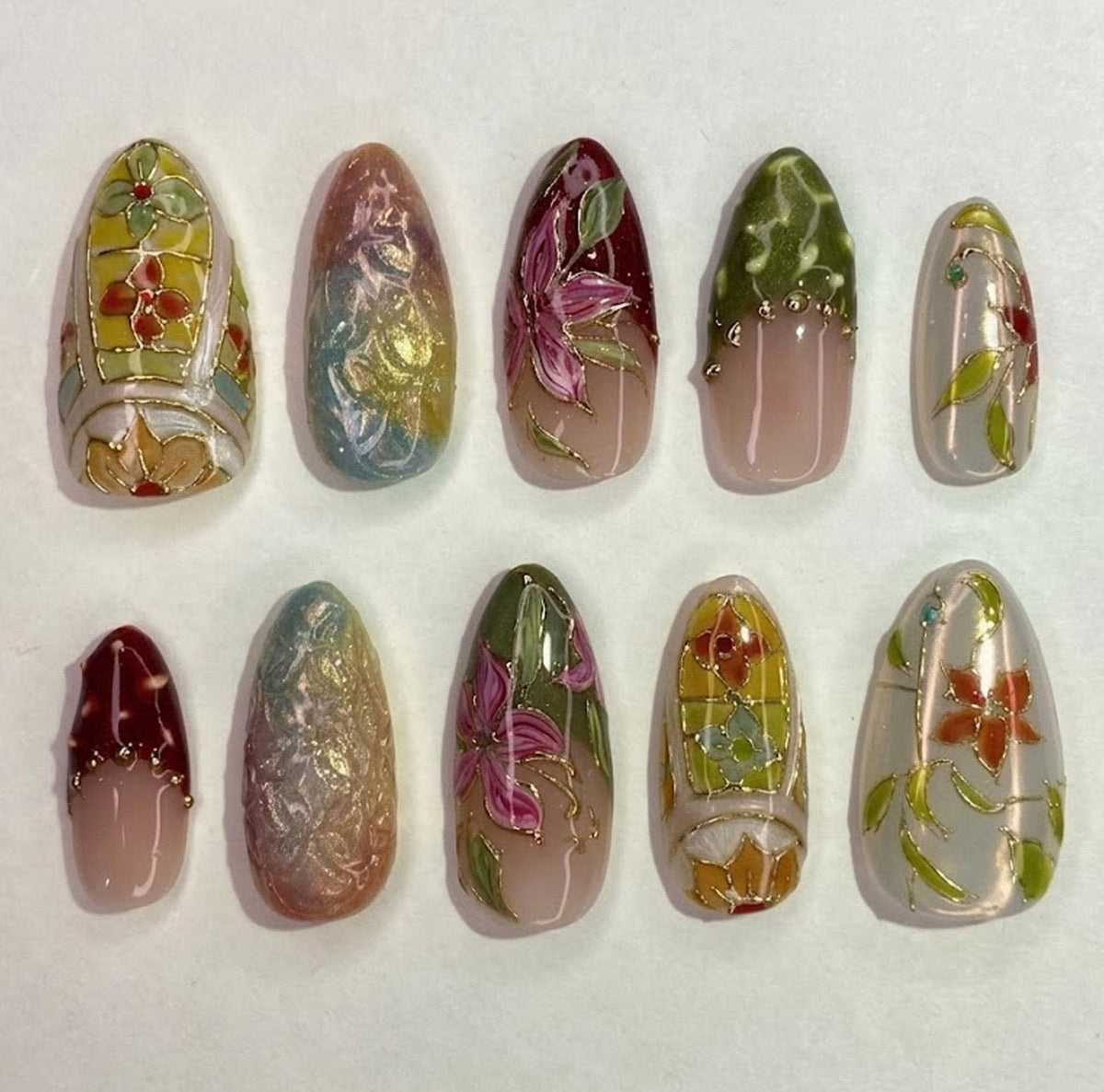 Art Nouveau Stained Glass Floral Nails With Gold Filigree and Opal Texture