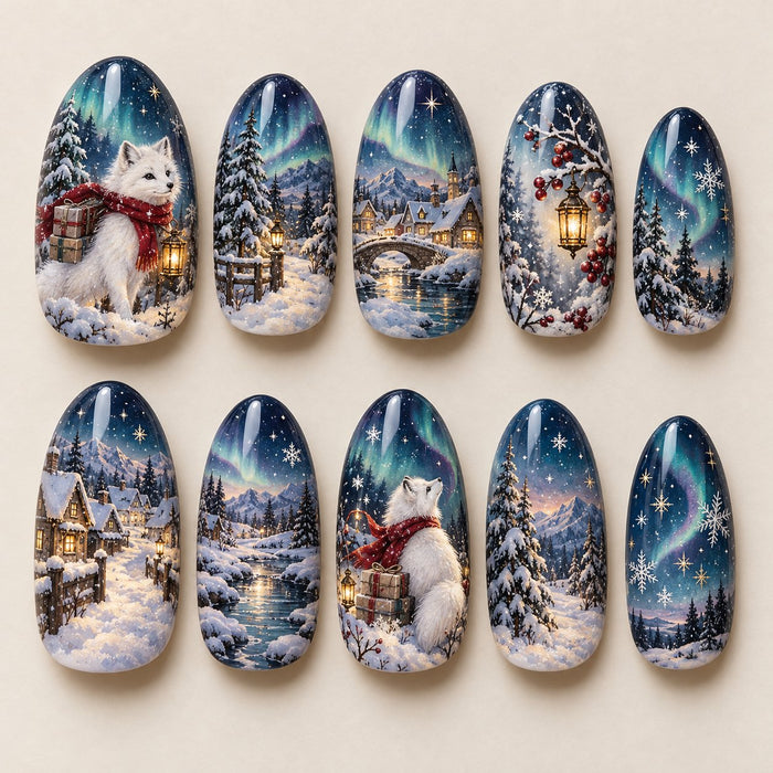 Aurora Winter Night Fox Nails With Snowy Pines and Village Scenes