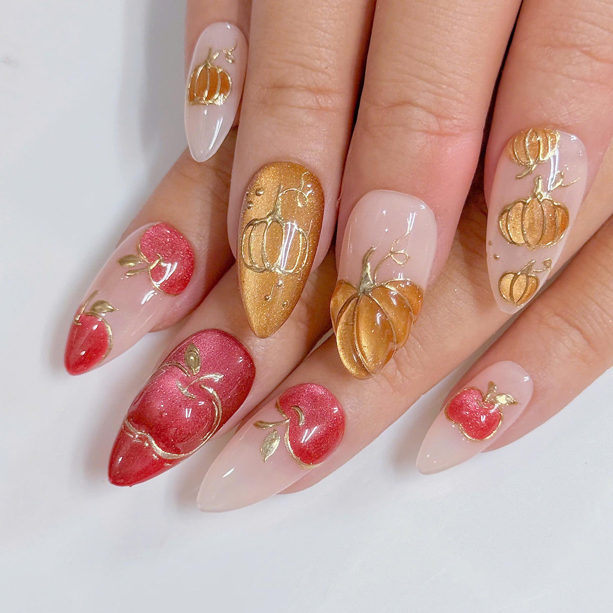 Autumn Apple and Gold Pumpkin Press On Nails