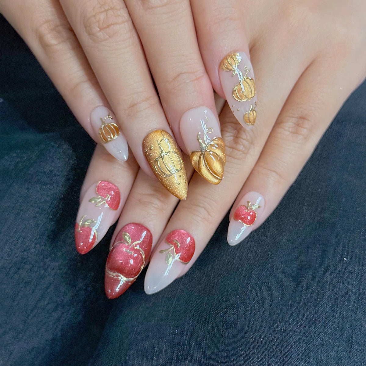 Autumn Apple and Gold Pumpkin Press On Nails