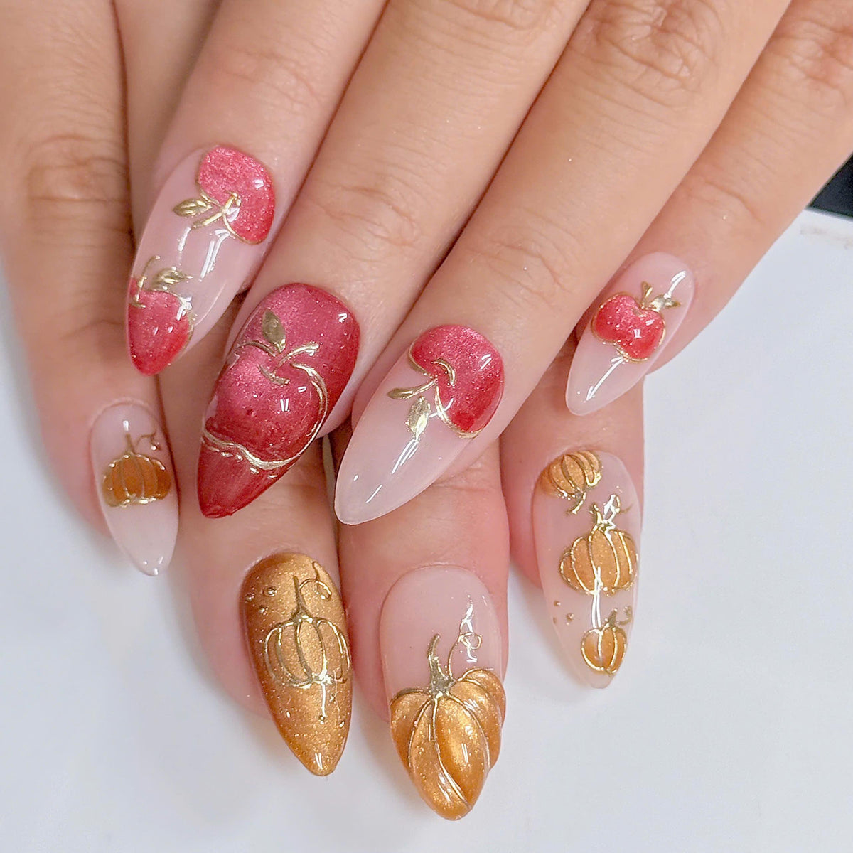 Autumn Apple and Gold Pumpkin Press On Nails