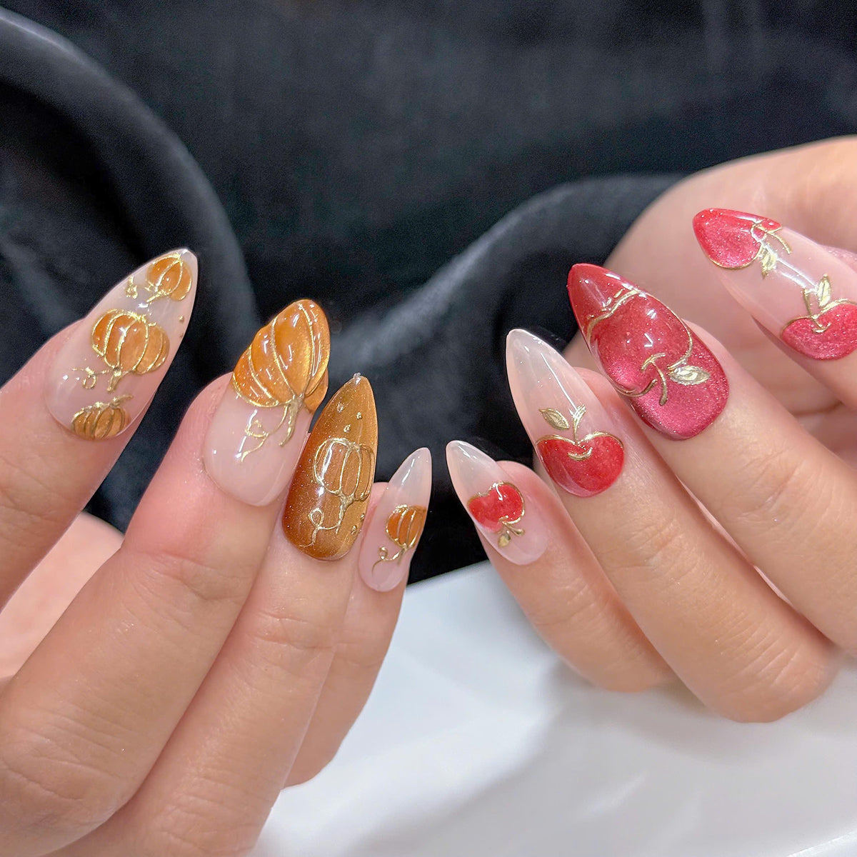 Autumn Apple and Gold Pumpkin Press On Nails