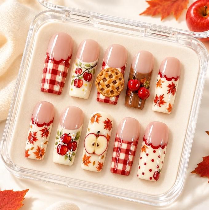 Autumn Apple, Maple Leaf and Pie French Tip Nail Set