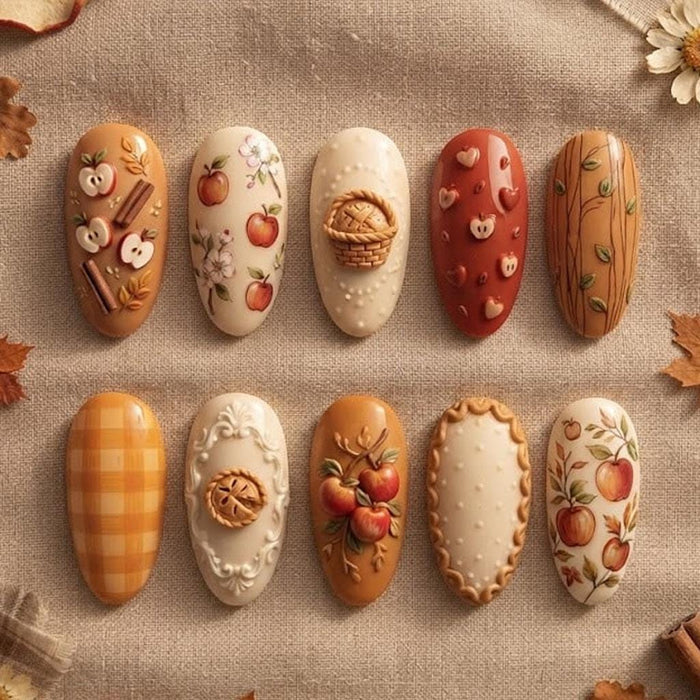 Autumn Apple Pie Press On Nails With 3D Apples, Blossoms, Plaid and Basket Details