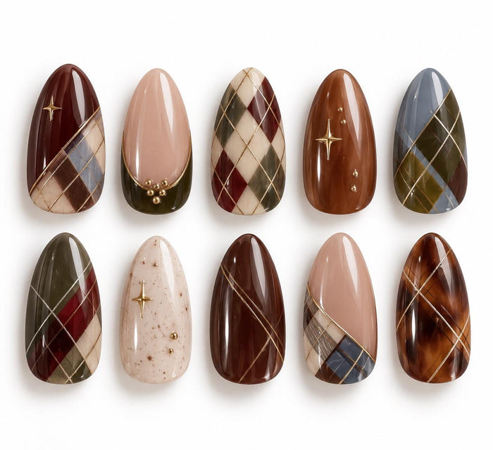 Autumn Argyle Press On Nails with Tortoiseshell and Gold Details