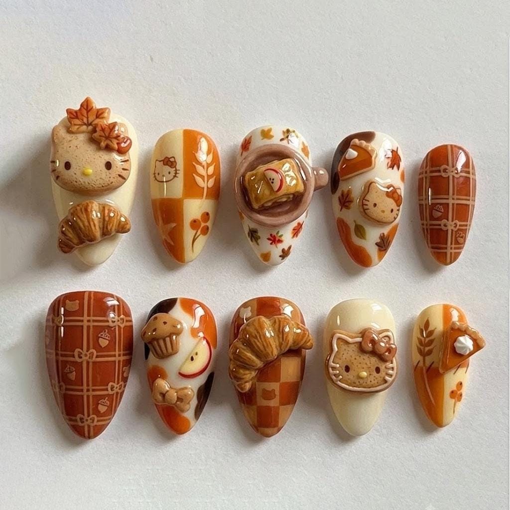 Autumn Bakery Cat Nail Set With 3D Pastries, Plaid & Leaves